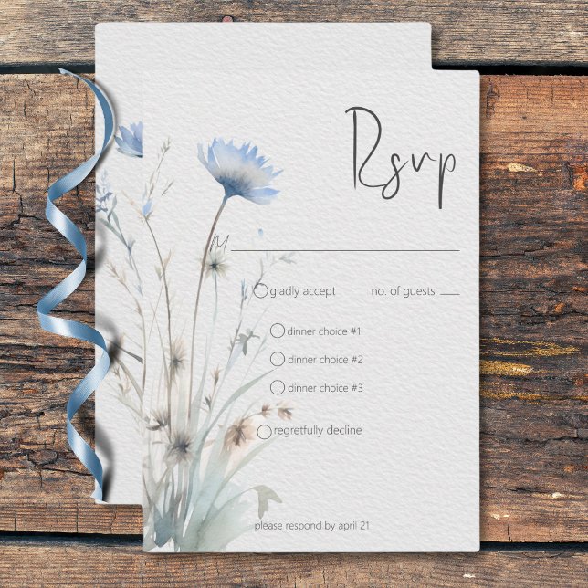 Dusty Blue Meadow Wildflowers Modern Three Dinner RSVP Card (Dusty Blue Meadow Wildflowers Modern Dinner RSVP Card)
