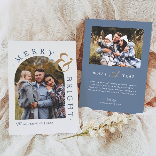 Dusty Blue Merry & Bright Arch Photo Christmas Holiday Card (Creator Uploaded)