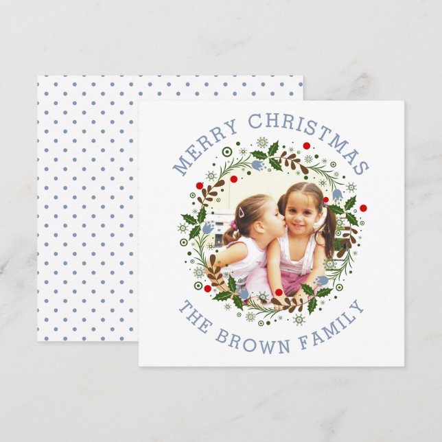 Dusty blue Merry Christmas, floral wreath photo Holiday Card (Front/Back)