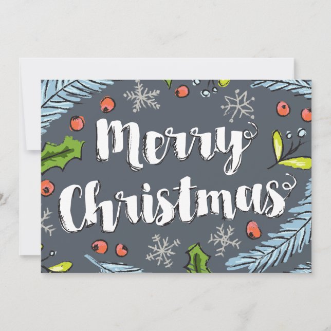 Dusty Blue Merry Christmas Spruce Boughs Holiday Card (Front)