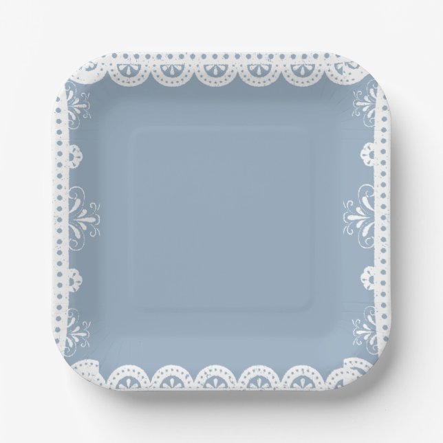 Dusty Blue mexican boy baby shower  papel picado Paper Plate (Front)