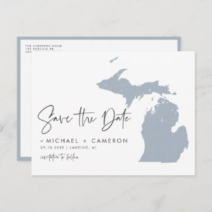 Dusty Blue Michigan Map QR Code Save the Date Announcement Postcard