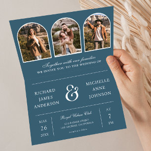Dusty Blue Minimal Arch Photo QR code Wedding Invitation