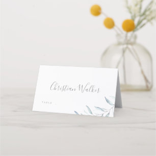 Dusty blue minimal botanical greenery wedding place card