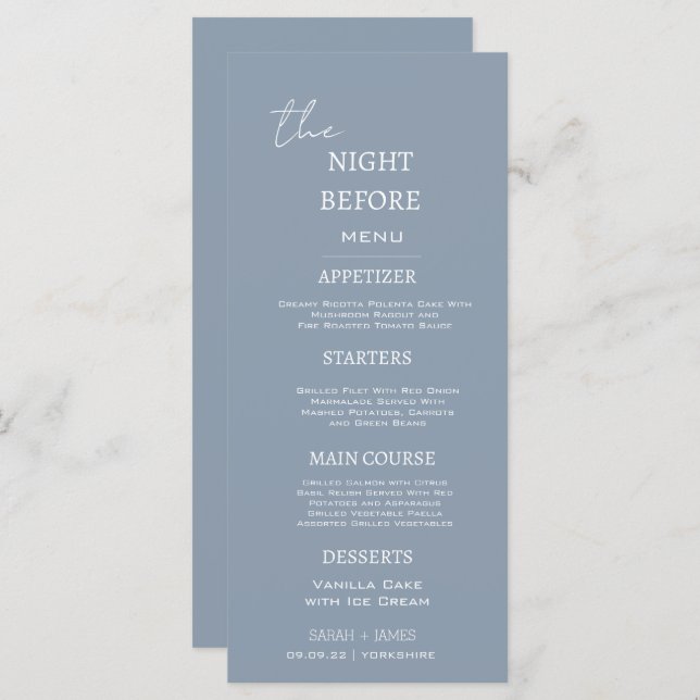 Dusty Blue Minimal Dinner The Night Before  Menu (Front/Back)