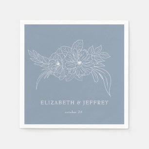 Dusty Blue Minimal Elegant Floral Sketch Wedding Napkin