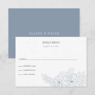 Dusty Blue Minimal Elegant Floral Sketch Wedding RSVP Card