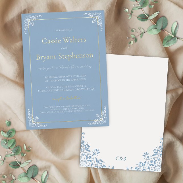Dusty Blue Minimal Elegant Old Money Wedding (Elegant dusty blue and white with wedding invitation with gold foil and romantic decorative border)