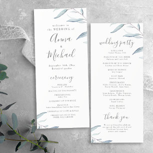 Dusty blue minimal greenery rustic wedding program menu