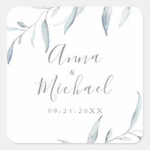 Dusty blue minimal greenery wedding favour square sticker