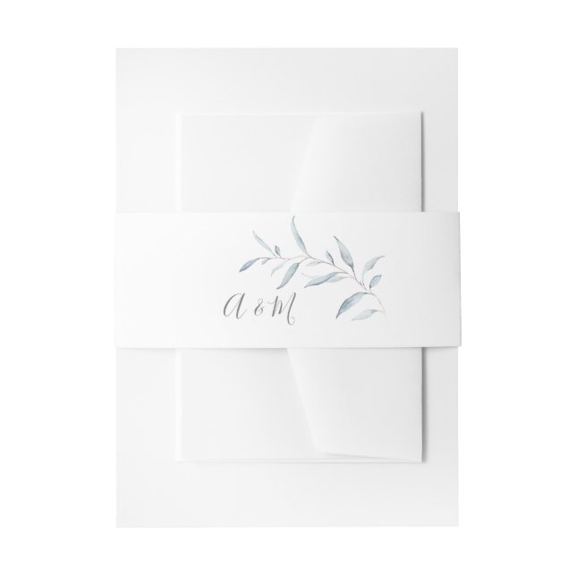 Dusty blue minimal greenery wedding monogram invitation belly band (Front Example)