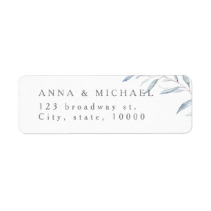 Dusty blue minimal greenery wedding return address
