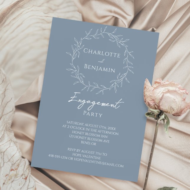 Dusty Blue Minimal Leaf Engagement Party Invitation (Creator Uploaded)
