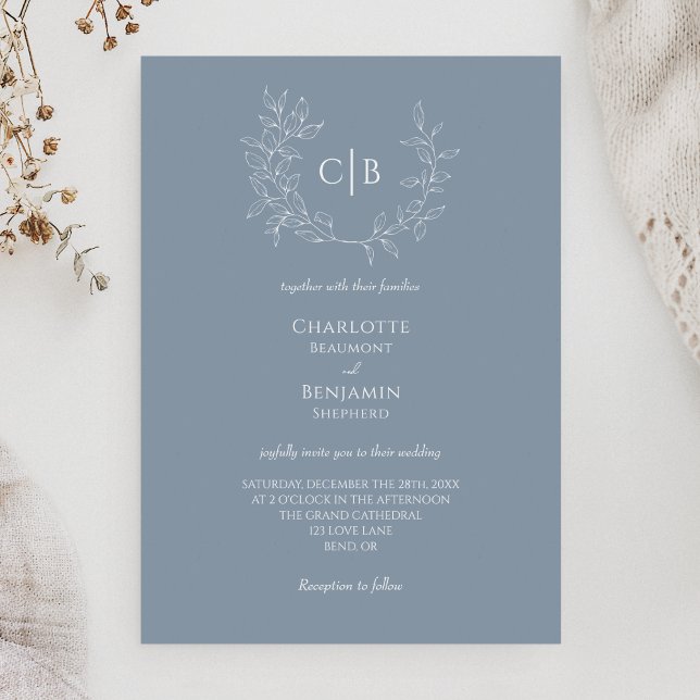 Dusty Blue Minimal Leaf Monogram Wedding Invitation (Creator Uploaded)