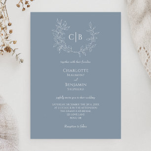 Dusty Blue Minimal Leaf Monogram Wedding Invitation
