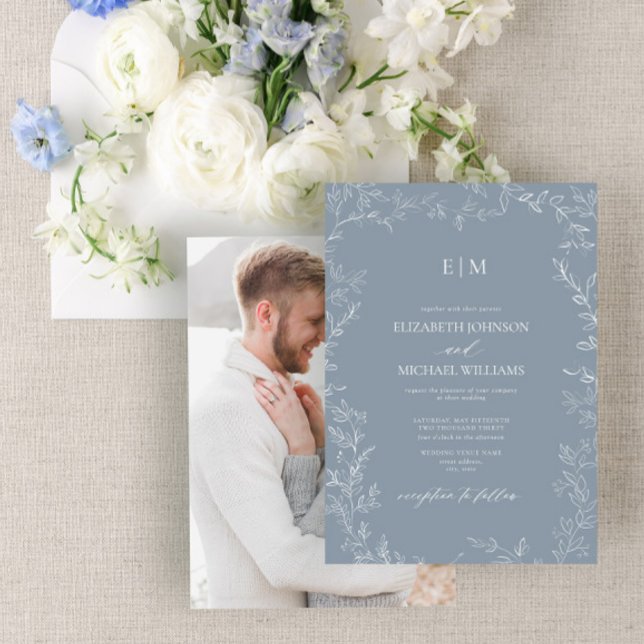 Dusty Blue Minimal Leaf Photo Monogram Wedding Invitation (Creator Uploaded)