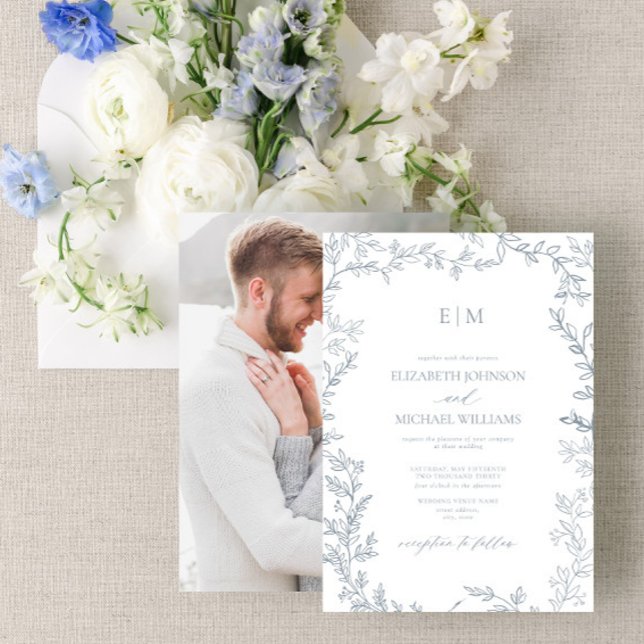 Dusty Blue Minimal Leaf Photo Monogram Wedding Invitation (Creator Uploaded)
