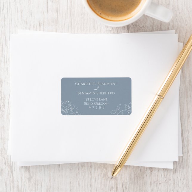 Dusty Blue Minimal Leaf Wedding Address Label (Insitu)