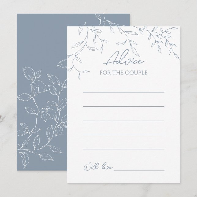 Dusty Blue Minimal Leaf Wedding Advice Card (Front/Back)