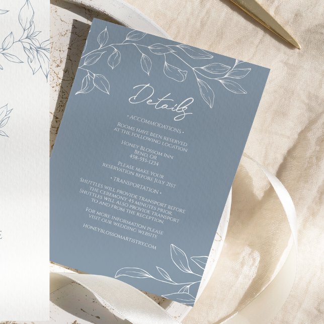 Dusty Blue Minimal Leaf Wedding Details Enclosure Card (Creator Uploaded)