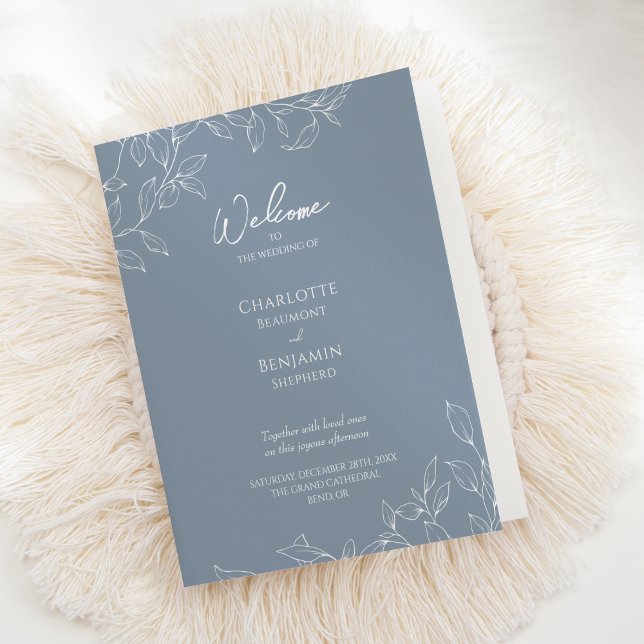 Dusty Blue Minimal Leaf Wedding Folded Program Programme (Creator Uploaded)