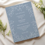 Dusty Blue Minimal Leaf Wedding Invitation<br><div class="desc">This dusty blue minimal leaf wedding invitation design perfectly embodies a modern romantic aesthetic. Featuring a classic blend of dusty blue background with minimal white leaf patterns gracefully complemented by a simple calligraphy script paired with an understated serif font. The result is a perfectly polished feel for your wedding, ensuring...</div>