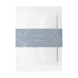 Dusty Blue Minimal Leaf Wedding Invitation Belly Band