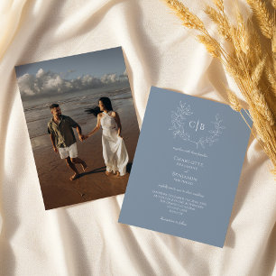 Dusty Blue Minimal Leaf Wedding Monogram Photo Invitation