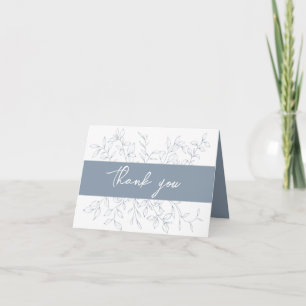 Dusty Blue Minimal Leaf Wedding Photo Folded Thank You Card