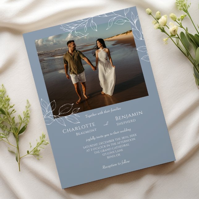 Dusty Blue Minimal Leaf Wedding Photo Invitation (Creator Uploaded)