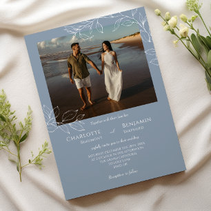 Dusty Blue Minimal Leaf Wedding Photo Invitation