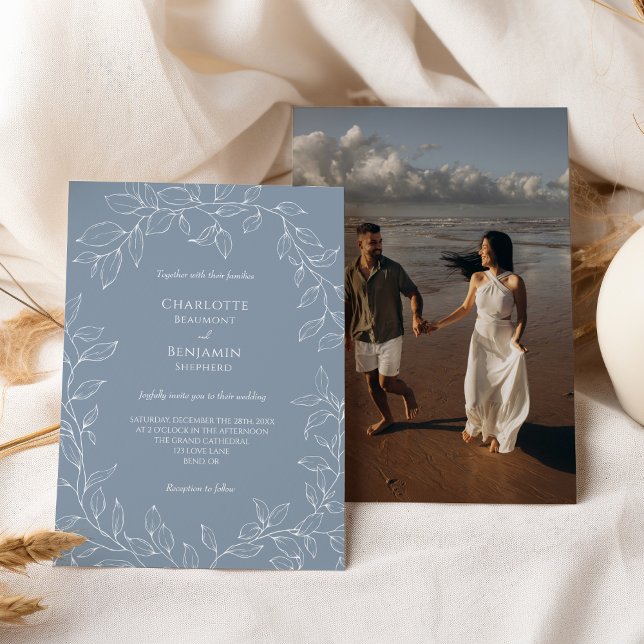 Dusty Blue Minimal Leaf Wedding Photo Invitation (Creator Uploaded)