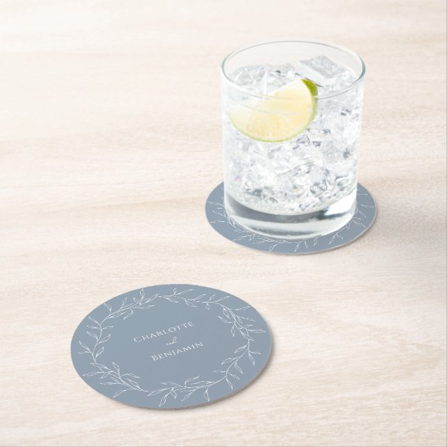 Dusty Blue Minimal Leaf Wedding Round Paper Coaster (Insitu)