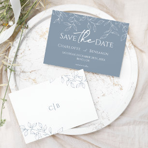 Dusty Blue Minimal Leaf Wedding Save The Date