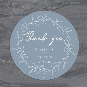 Dusty Blue Minimal Leaf Wedding Thank You Classic Round Sticker