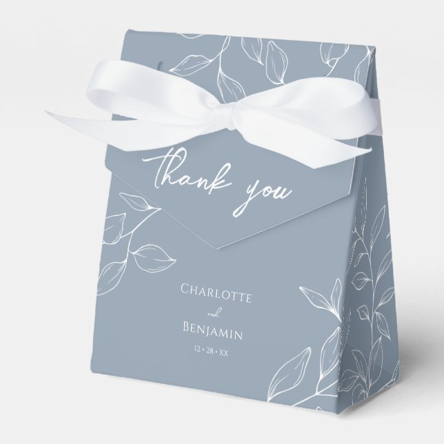 Dusty Blue Minimal Leaf Wedding Thank You Favour Box (Front Side)