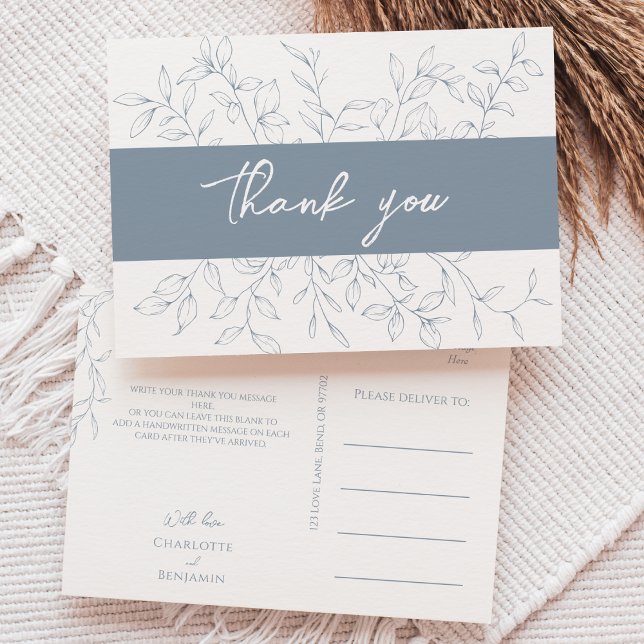 Dusty Blue Minimal Leaf Wedding Thank You Postcard (Creator Uploaded)