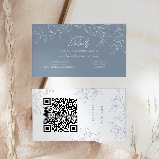 Dusty Blue Minimal Leaf Wedding Website QR Code Enclosure Card (Creator Uploaded)