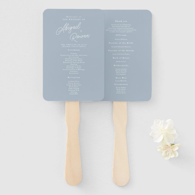 Dusty Blue Minimal Modern Script Wedding Program Hand Fan (Front and Back)