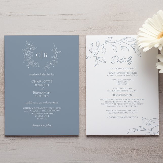 Dusty Blue Minimal Wedding Monogram All In One Invitation (Creator Uploaded)