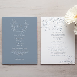 Dusty Blue Minimal Wedding Monogram All In One Invitation