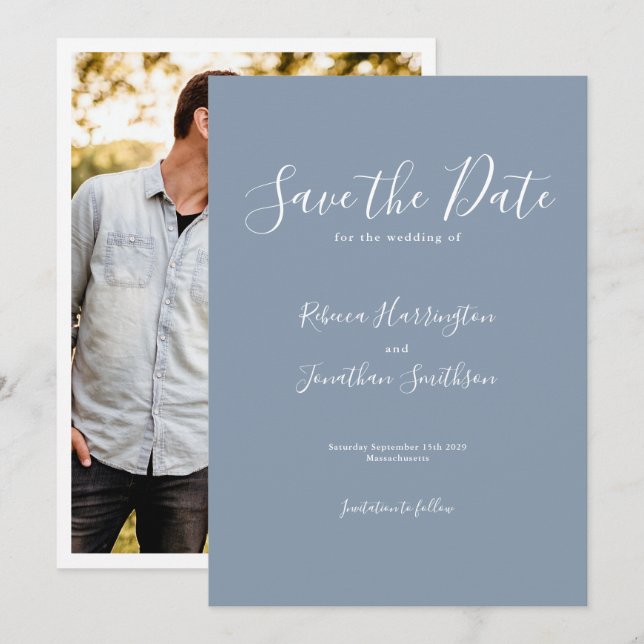 Dusty Blue Minimal Wedding Save The Date (Front/Back)