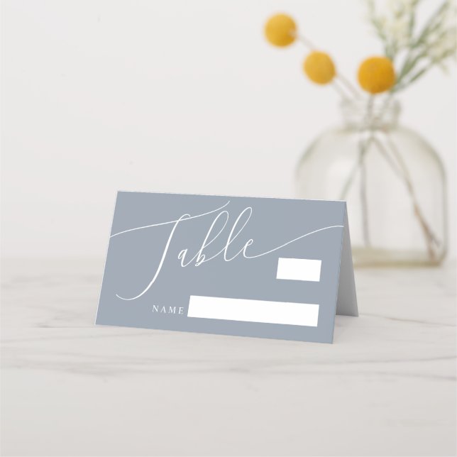 Dusty Blue Minimal Wedding Table Number Place Card (Front)