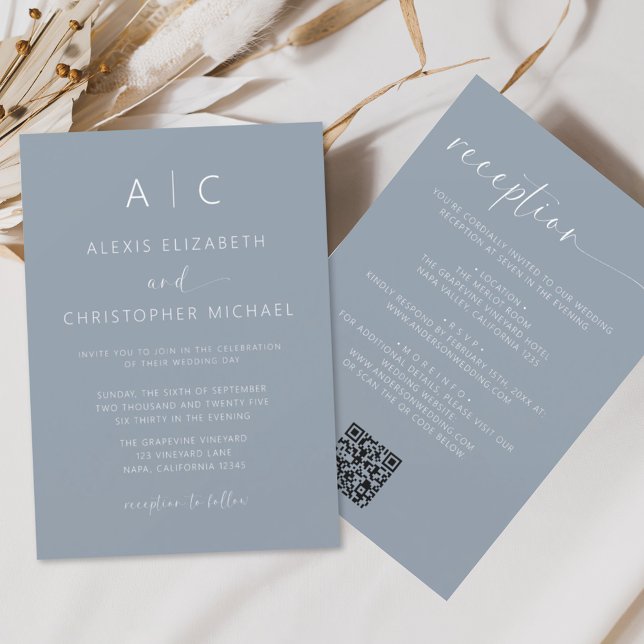 Dusty Blue Minimalist All In One Wedding QR Code Invitation (Creator Uploaded)