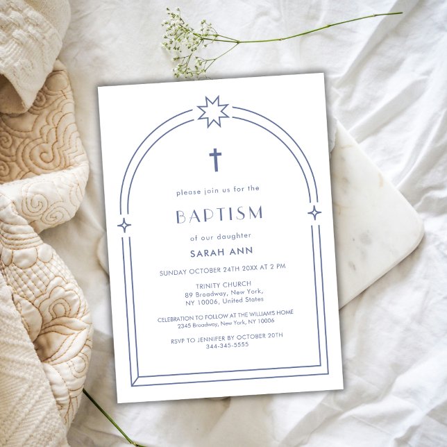 Dusty Blue Minimalist Boho Arch Cross Baptism  Invitation (Dusty Blue Minimalist Boho Arch Cross Baptism Invitation)