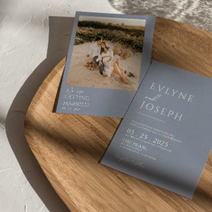 Dusty Blue Minimalist Boho Neutral Photo Wedding Invitation