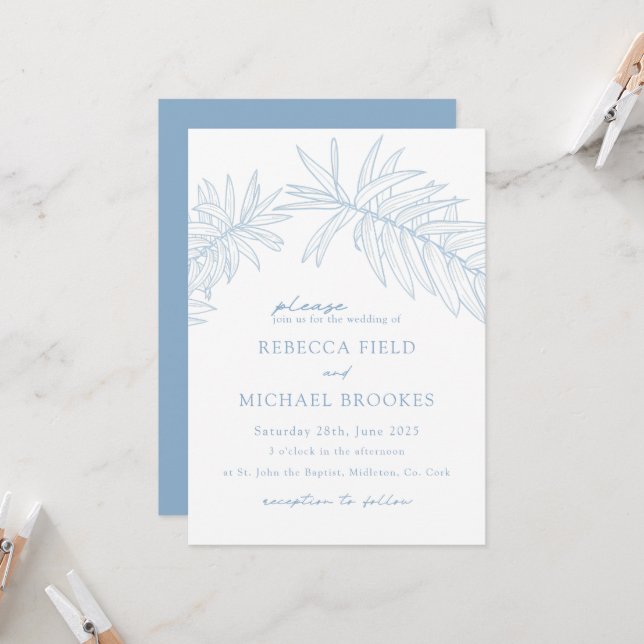 Dusty Blue Minimalist Botanical Invitation (Front/Back In Situ)