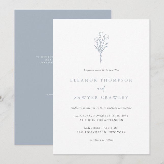 Dusty Blue Minimalist Bouquet QR Code Wedding Invitation (Front/Back)