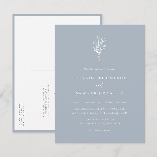 Dusty Blue Minimalist Bouquet QR Code Wedding Invitation Postcard (Front/Back)