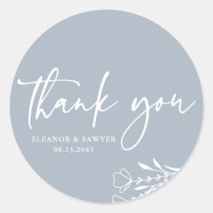 Dusty Blue Minimalist Bouquet Wedding Thank You Classic Round Sticker